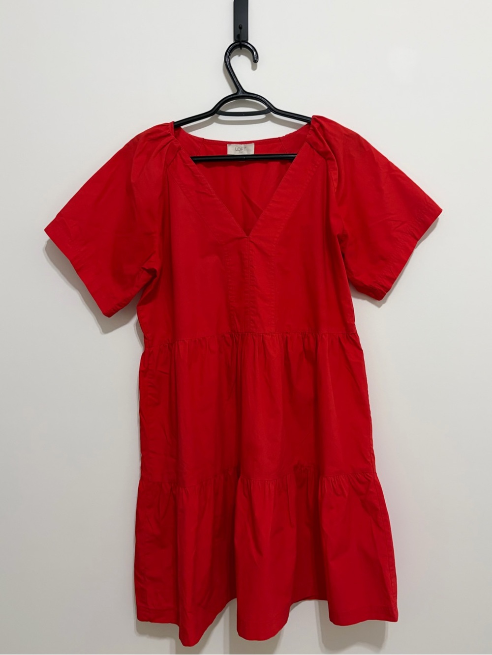 LOFT Red V-Neck Tiered Mini Dress 100% Cotton